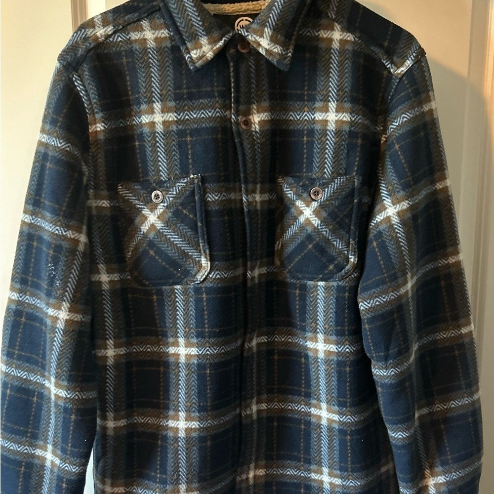 Weatherproof Mens Sherpa Lined Fleece Plaid Shirt Jacket Navy Blue Brown M